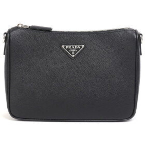 Prada Saffiano Leather Shoulder Bag Black Triangle Crossbody Nero Black - Picture 1 of 13